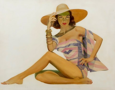 Vintage Illustration of woman in swimsuit with hat