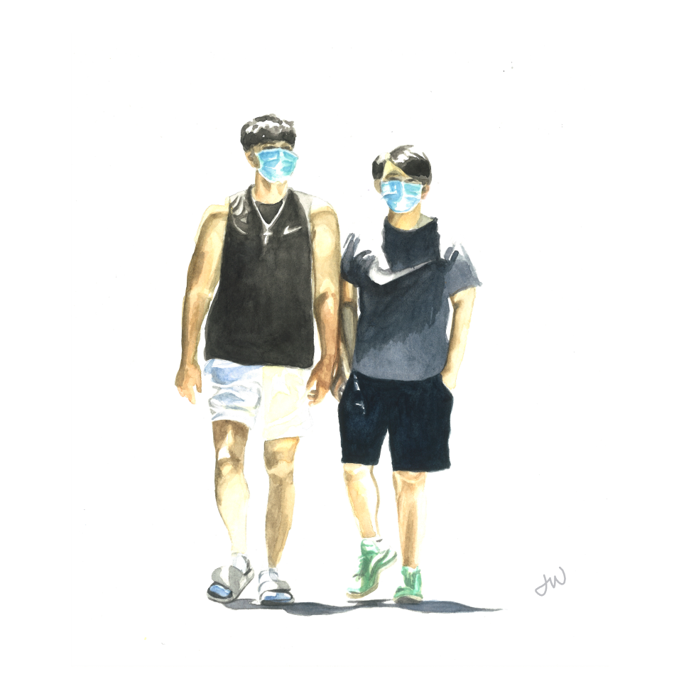 Two men wearing masks